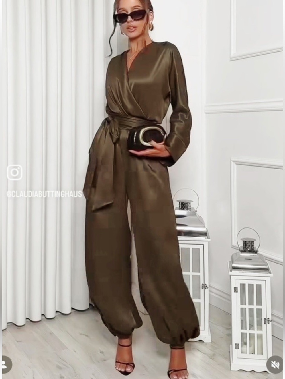 Zara Olive Green Satin Wrap Jumpsuit
